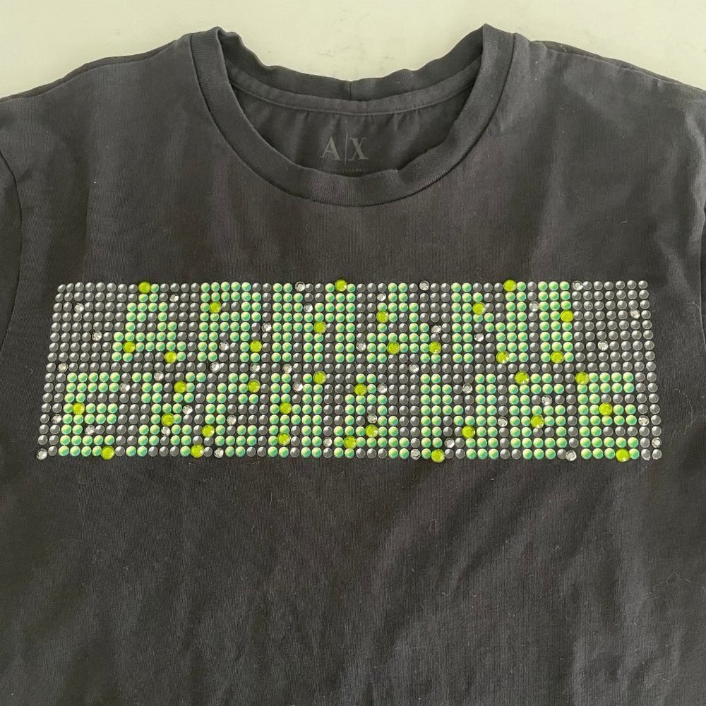 Armani Exchange Casual SS Crew Neck Cotton T Shirt Black Green w Beading Sz S - Picture 4 of 10